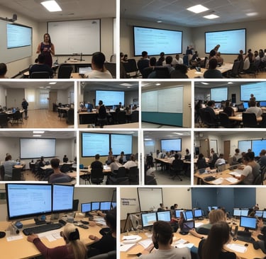 A focused instructor guiding a small group of healthcare professionals through medical coding exercises in a bright, modern classroom.