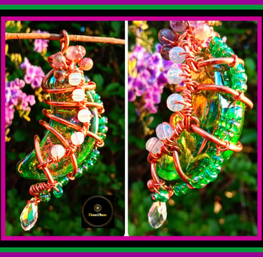 Handmade green glass moon pendant with copper wire wrapping and colorful beads.