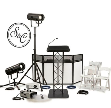 a variety of event items, chairds, DJ facade, podium, spotlights and more
