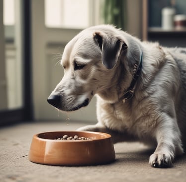 Senior dog refusing prescription food and drooling, a common sign of nausea.