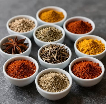 Brightly colored jars of assorted pure spices neatly arranged on a wooden shelf with warm lighting.