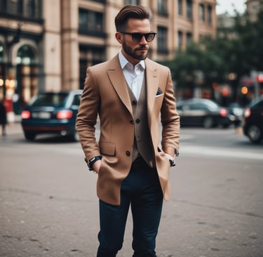 A confident man standing tall in a casual outfit from The Minister of Manhood collection, with a serene urban background.