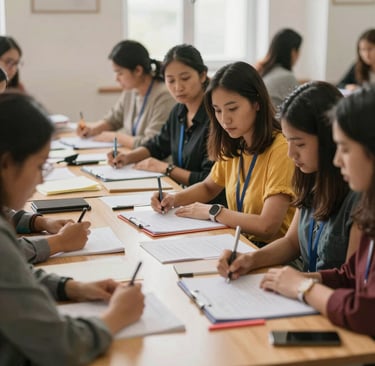 Women collaborating on a traditional craft project under the shade of a tree.