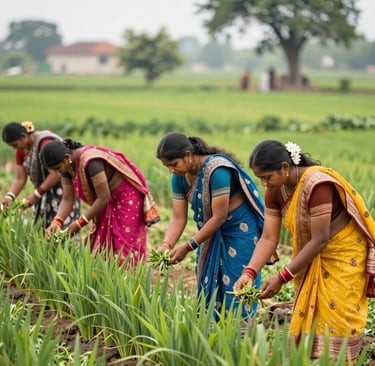 A group of rural women engaged in a vibrant vocational training session outdoors.