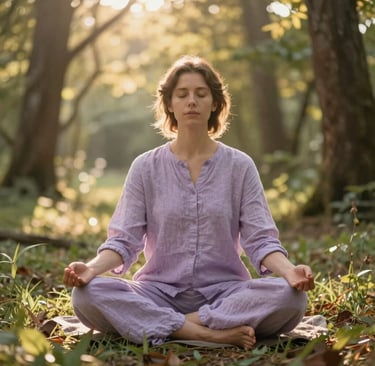Soft focus photography of a person meditating in a sun-drenched North American woodland clearing. The person wears light lavender linen. The atmosphere is ethereal with golden light filtering through trees. Serene, enlightened mood.