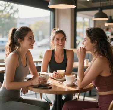 A group of women laughing and stretching together, all dressed in Zolke's casual fitness wear.