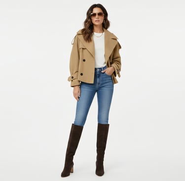 a woman in a copped jacket and boots