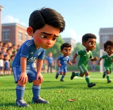 Sad young soccer player standing on a green field during a school football match.