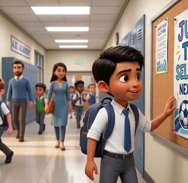 A student looking at a junior soccer team selection poster in a bright school hallway.