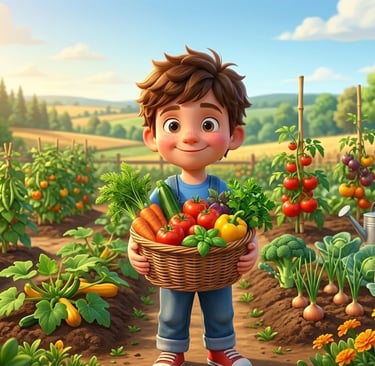 A smiling young boy holding a harvest basket of fresh vegetables in a lush organic garden.
