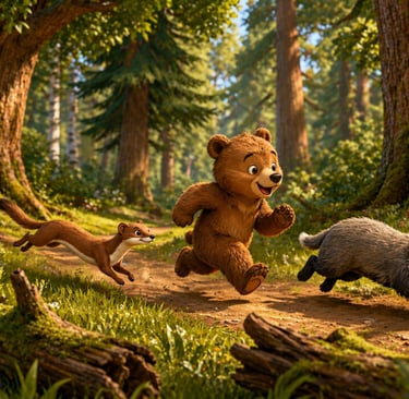 Animated baby bear, badger, and weasel running together on a sunny forest trail.
