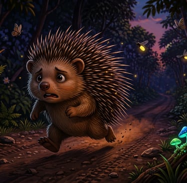 A cute cartoon porcupine running through a magical forest at night with glowing mushrooms and fireflies.