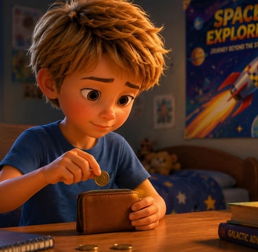 A young boy putting a gold coin into his wallet in a space-themed bedroom.