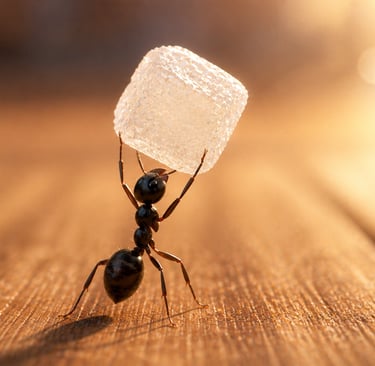 A tiny black ant lifting a large sugar cube on a wooden surface in golden sunlight.