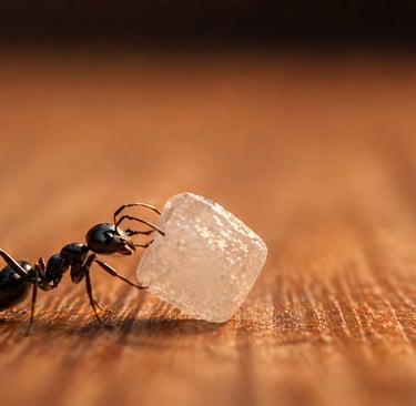 Macro shot of a small black ant carrying a single white sugar cube across a rustic wooden surface.