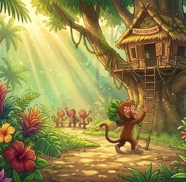 Playful cartoon monkeys near a cozy tropical treehouse in a lush jungle with sunlight and flowers.