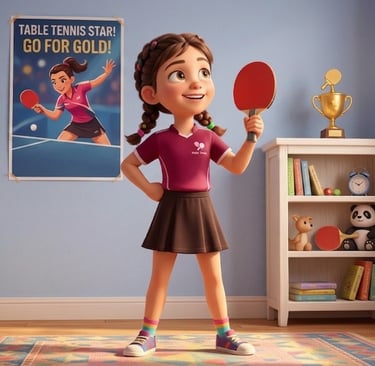 Young cartoon girl holding a table tennis paddle in a bedroom with sports posters and trophies.