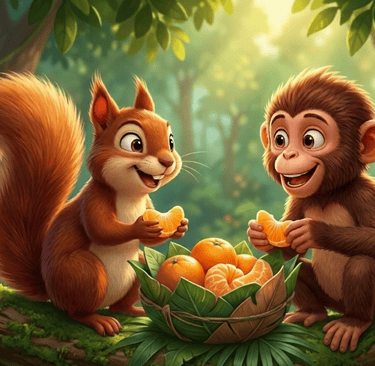 A cute cartoon squirrel and monkey eating orange slices in a lush tropical jungle setting.