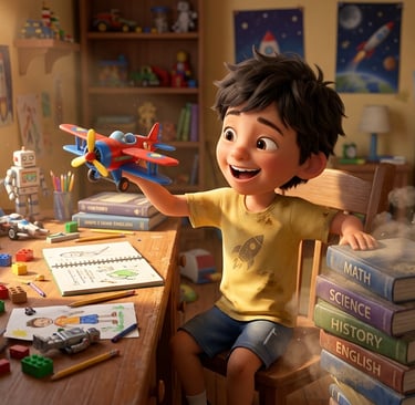 A happy young boy playing with a toy airplane in a colorful bedroom filled with school books and toys.