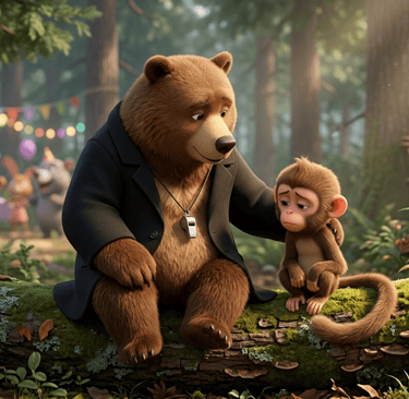 A kind brown bear in a jacket comforting a sad little monkey on a mossy log in a forest setting.