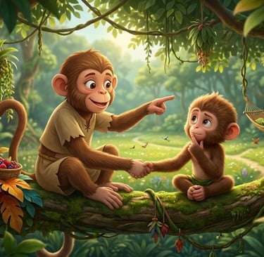 Cute cartoon monkeys sitting on a tree branch in a lush tropical jungle with vibrant flowers.