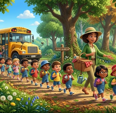 Happy school children with a teacher getting off a yellow school bus for a field trip in a sunny forest.