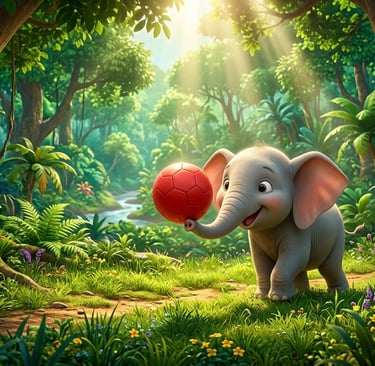 Cute baby elephant playing with a red ball in a lush tropical jungle with sunlight filtering through the trees.