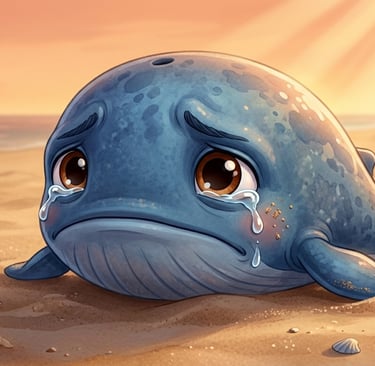 A cute cartoon baby whale crying on a sandy beach at sunset with ocean waves in the background.