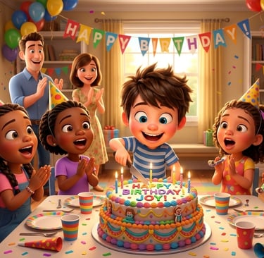Happy boy cuts a colorful birthday cake at a festive party with friends and family.