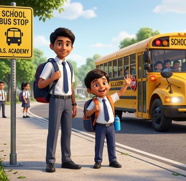 Students in uniforms with backpacks wait for a yellow school bus at a neighborhood bus stop.
