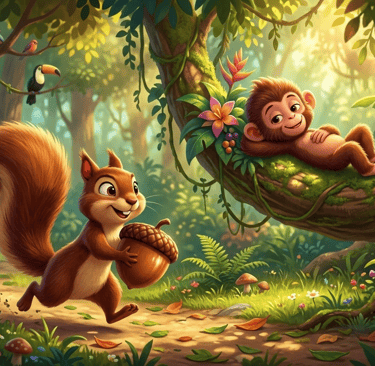 A cute cartoon squirrel holding an acorn running through a lush tropical jungle while a monkey rests on a tree branch.