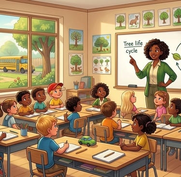 A teacher explaining the tree life cycle on a whiteboard to elementary students in a bright classroom.