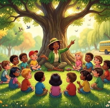 A diverse group of children sit in a circle for an outdoor lesson with a teacher under a large oak tree.