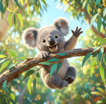 A cute cartoon koala waving while hanging from a eucalyptus tree branch in a sunny forest.