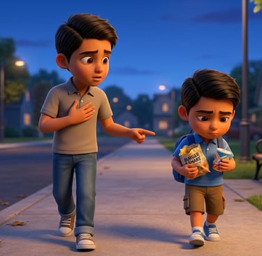 3D animated boy feeling guilty while being scolded for eating junk food on a suburban sidewalk.