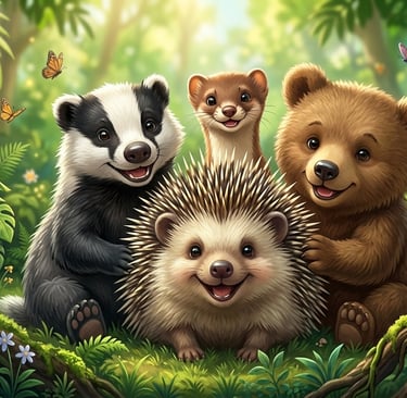Cute cartoon badger, hedgehog, weasel, and bear cub smiling in a lush green forest with butterflies.