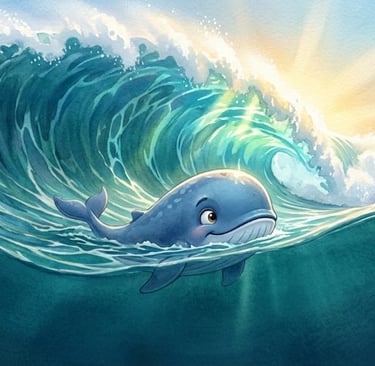A cute cartoon whale swimming in a large ocean wave during a bright watercolor sunrise.