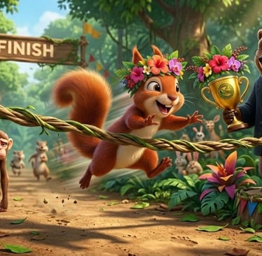 A cheerful squirrel wins a forest race and receives a trophy from a grizzly bear.