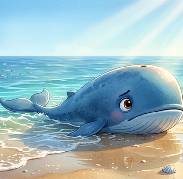 Cute cartoon blue whale beached on a sunny shore with ocean waves and seashells.