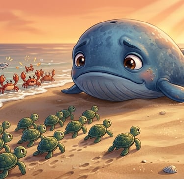 Cute blue whale on a sandy beach watching baby sea turtles hatch and crawl toward the ocean at sunset.
