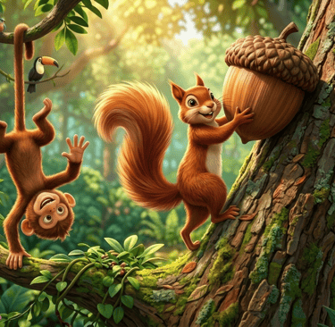 Animated monkey and squirrel holding a large acorn in a lush tropical jungle forest with colorful flowers.