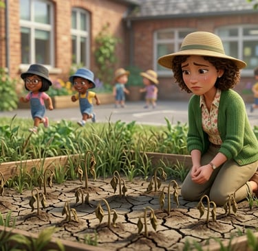 A worried teacher kneels by a dry school garden with wilted plants as children play nearby.