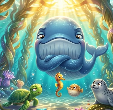 Cute cartoon whale and sea creatures underwater with a turtle, seahorse, and seal in a kelp forest.