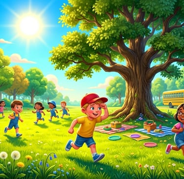 Diverse group of happy children running and playing in a sunny park near a yellow school bus and oak tree.