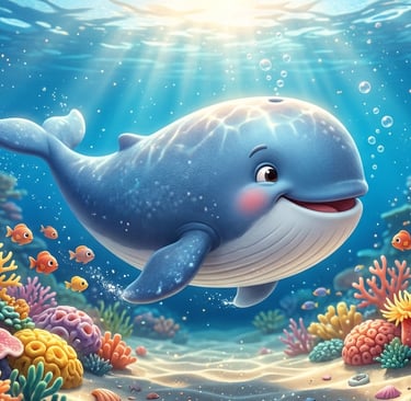 Cute cartoon blue whale swimming over a colorful tropical coral reef with small fish.