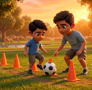Two animated boys practicing soccer drills with a ball and orange cones at sunset in a park.