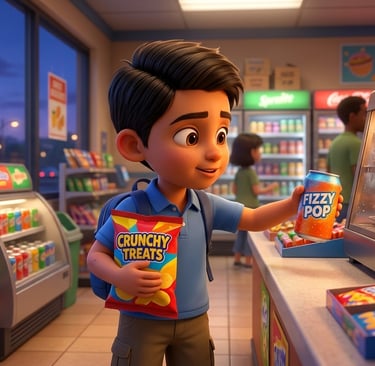Animated boy buying soda and chips at a brightly lit convenience store snack aisle.