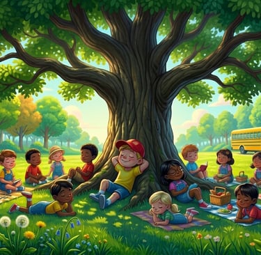 Diverse school children reading and relaxing on a field trip under a large oak tree with a yellow bus.