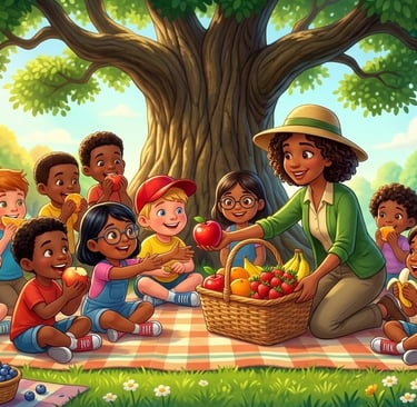 A teacher sharing fresh fruit with diverse children during an educational school picnic under a large oak tree.