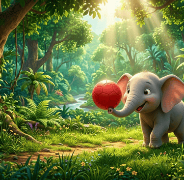 A cute baby elephant playing with a red ball in a sunlit tropical jungle illustration.